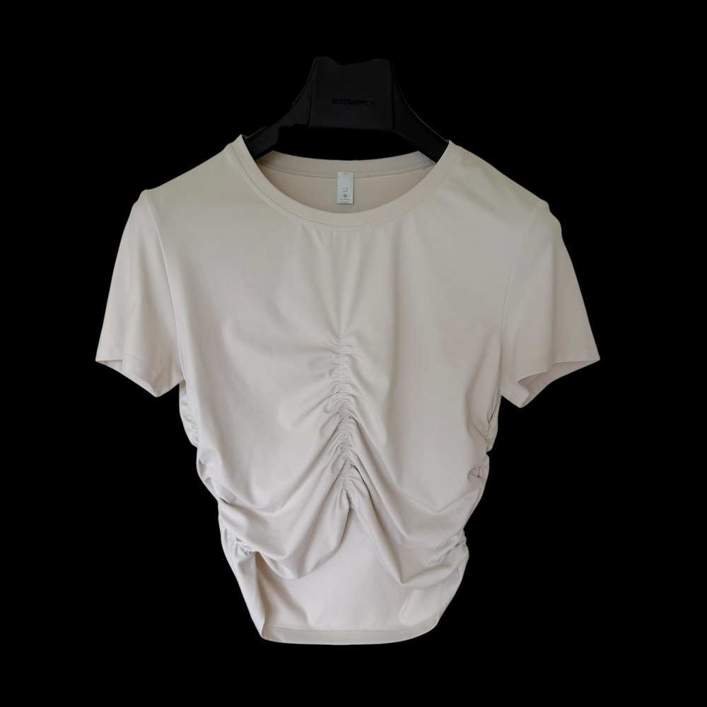 Lululemon Ruched Front Short Sleeve Top Cream Beige Sz 12 Athletic Crew Neck